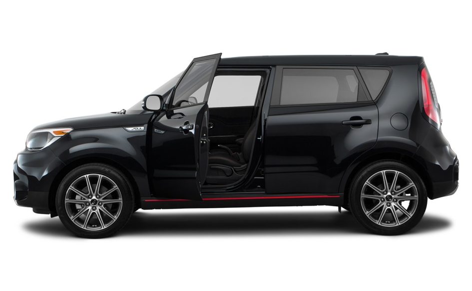 Black 2017 Kia Soul with driver side door open against a white background
